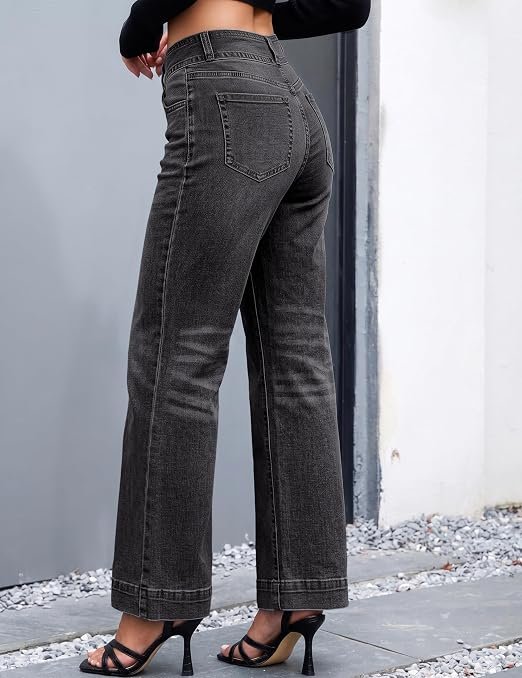 luvamia Women's High Waisted Straight Leg Jeans - Black back view